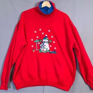 VTG Red Christmas Turtleneck Sweatshirt w/Embroidered Snowman szXL grannycore